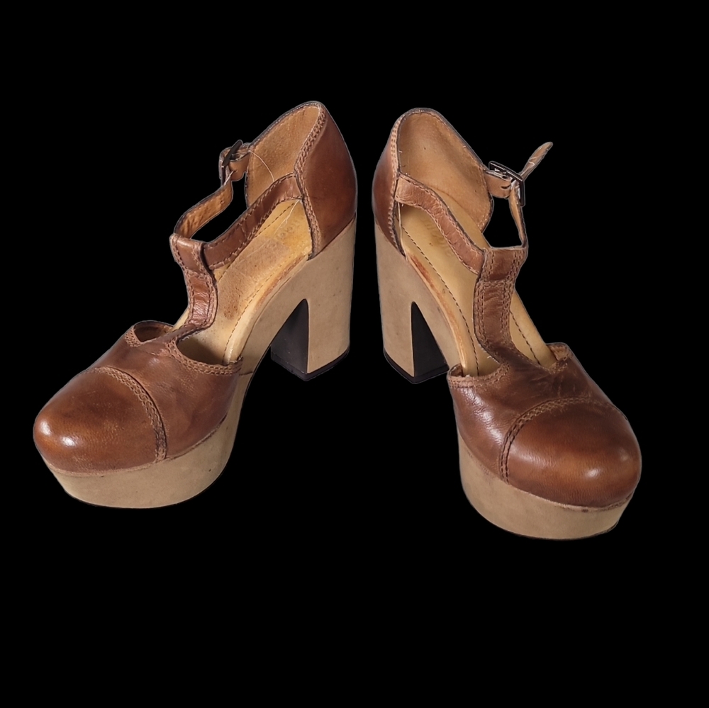 Nicole Women’s Leather T-Strap Platform Clogs Shoes Heels Boho Vtg 90s 70s 7M